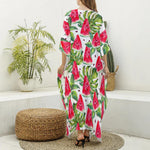 White Tropical Watermelon Pattern Print Silk V-Neck Kaftan Dress