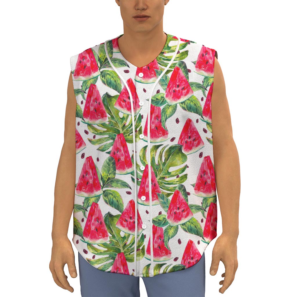 White Tropical Watermelon Pattern Print Sleeveless Baseball Jersey