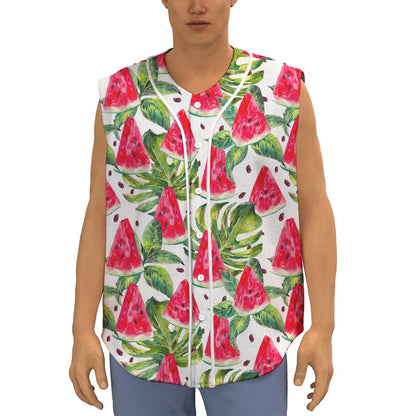 White Tropical Watermelon Pattern Print Sleeveless Baseball Jersey
