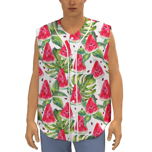 White Tropical Watermelon Pattern Print Sleeveless Baseball Jersey