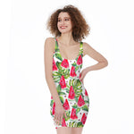 White Tropical Watermelon Pattern Print Sleeveless Bodycon Dress