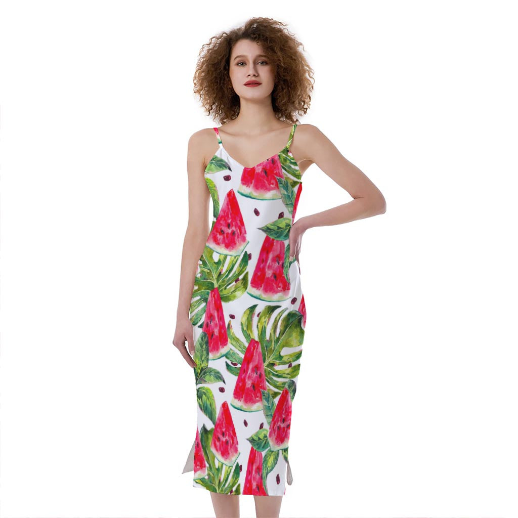 White Tropical Watermelon Pattern Print Slim Fit Midi Cami Dress