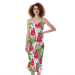 White Tropical Watermelon Pattern Print Slim Fit Midi Cami Dress