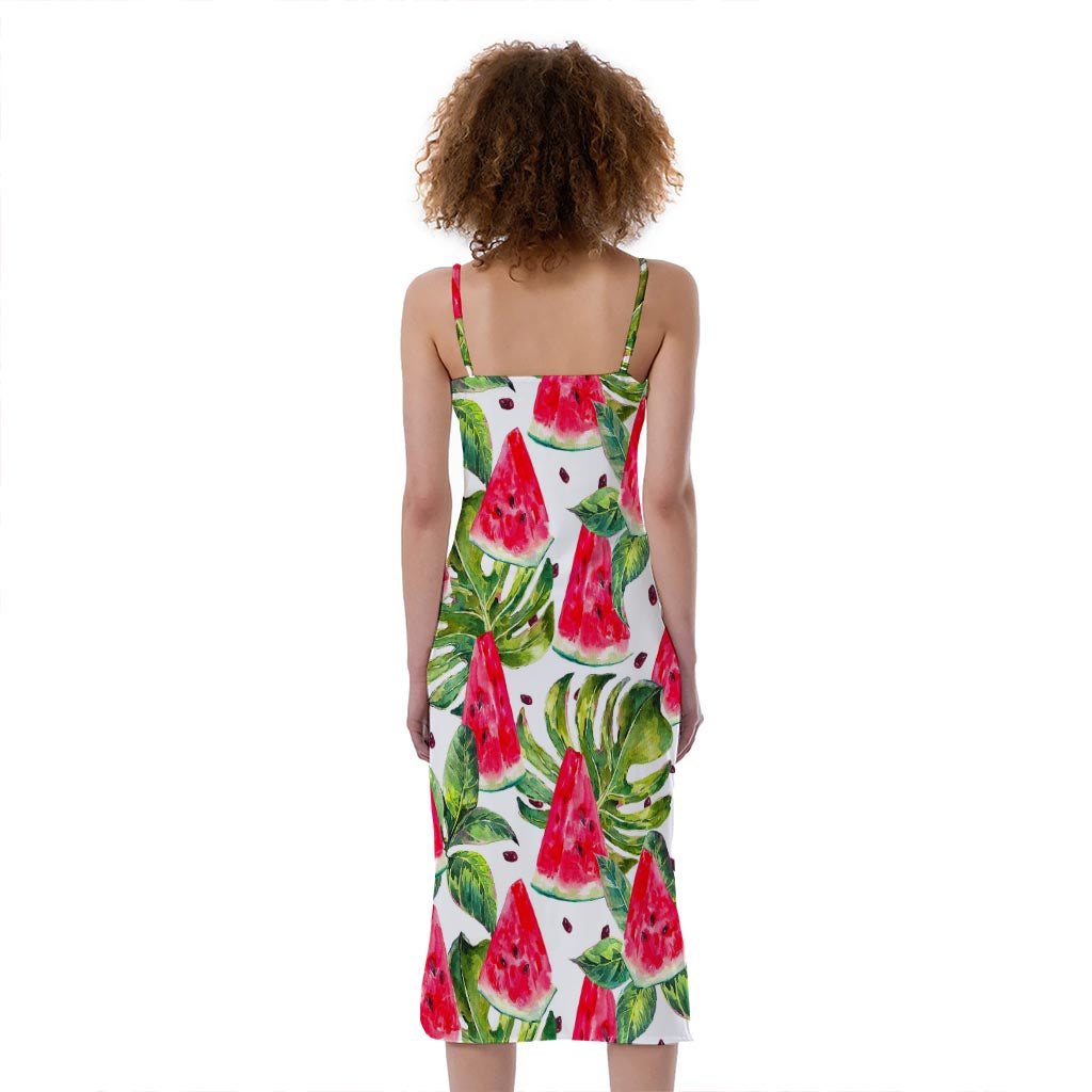White Tropical Watermelon Pattern Print Slim Fit Midi Cami Dress