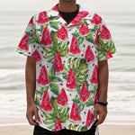 White Tropical Watermelon Pattern Print Textured Short Sleeve Shirt