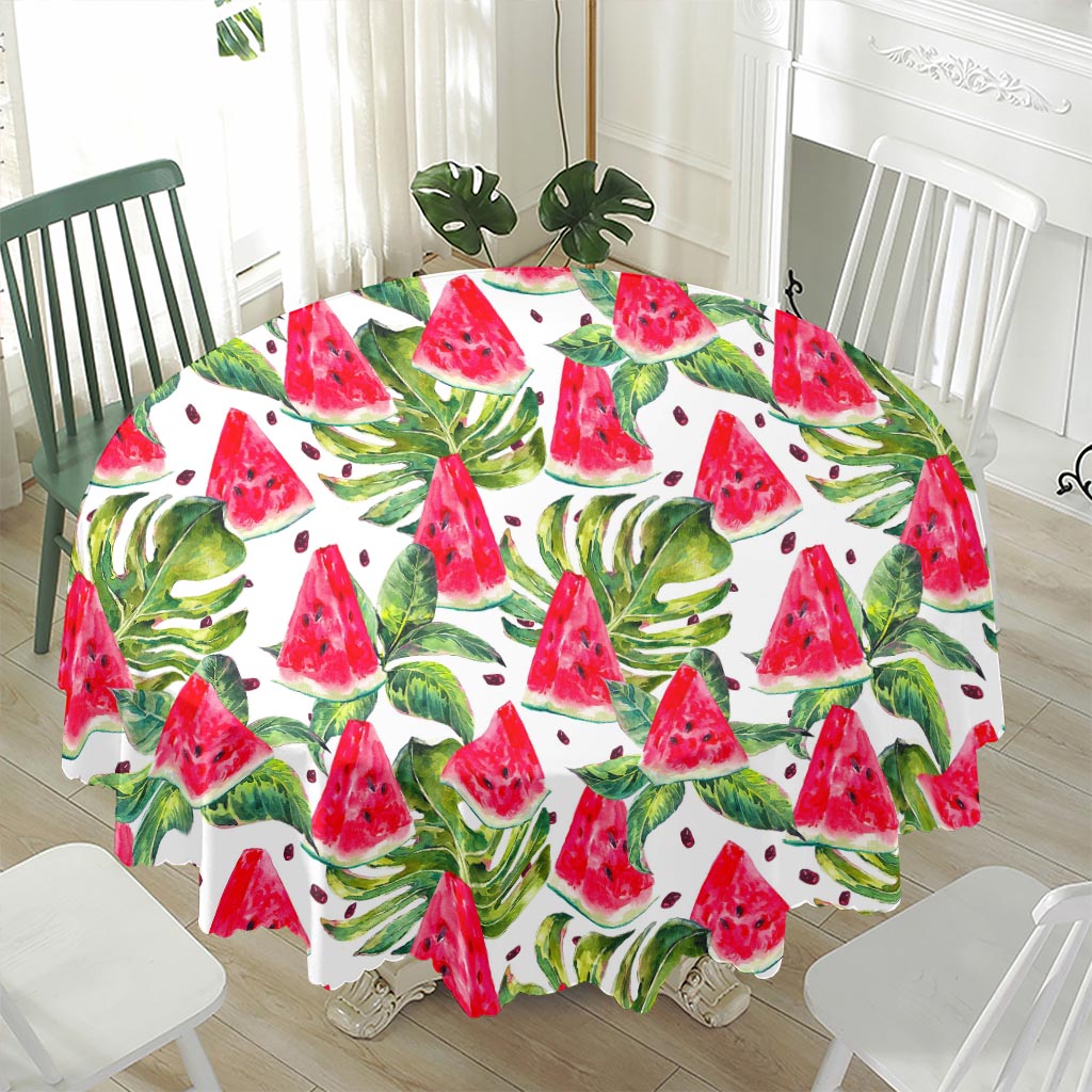 White Tropical Watermelon Pattern Print Waterproof Round Tablecloth
