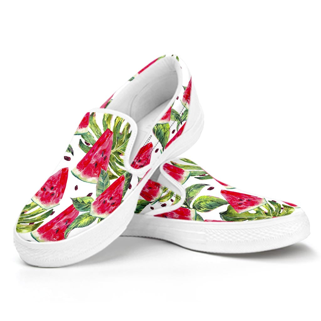 White Tropical Watermelon Pattern Print White Slip On Sneakers