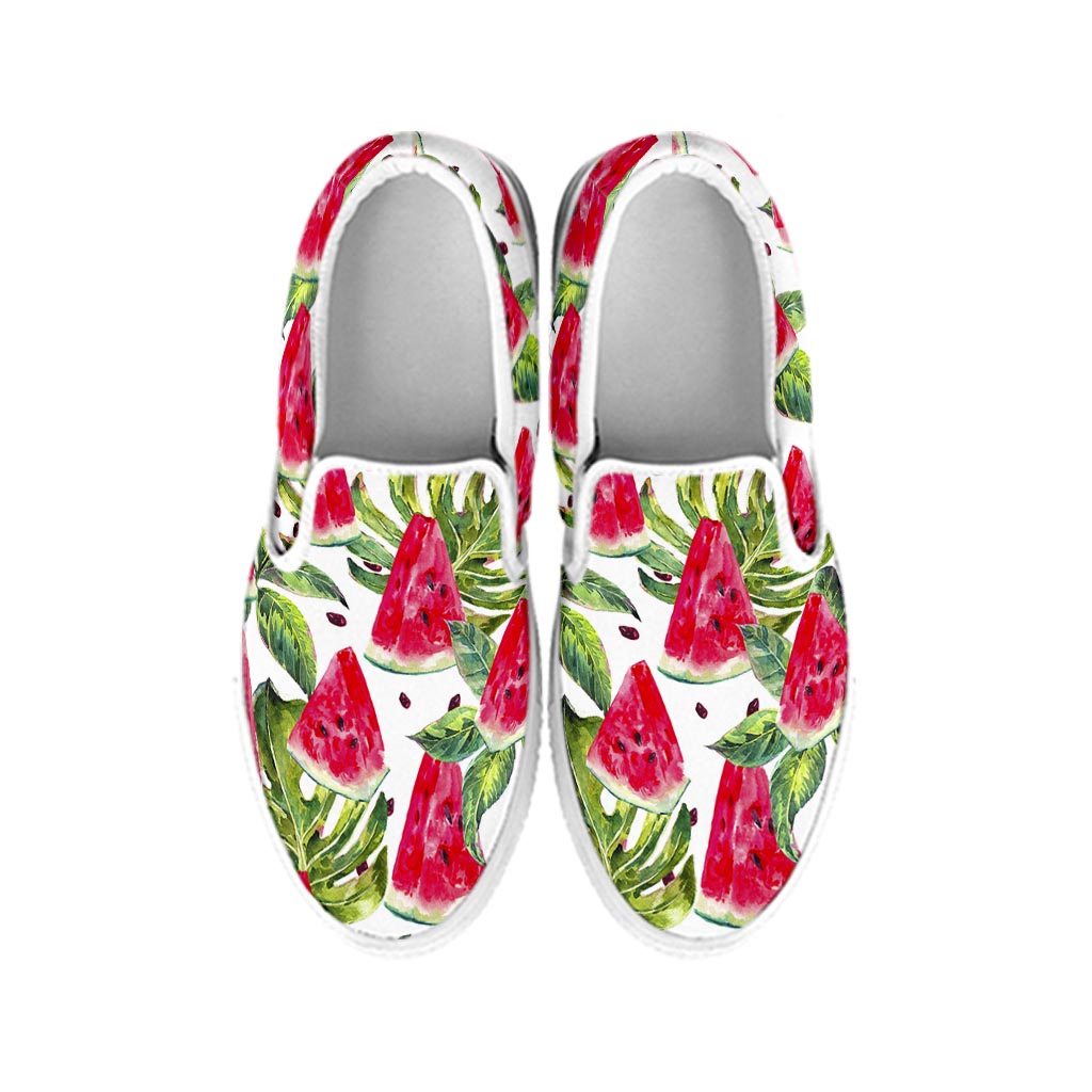 White Tropical Watermelon Pattern Print White Slip On Sneakers