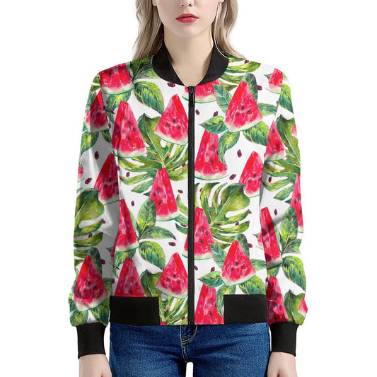 White Tropical Watermelon Pattern Print Women's Bomber Jacket