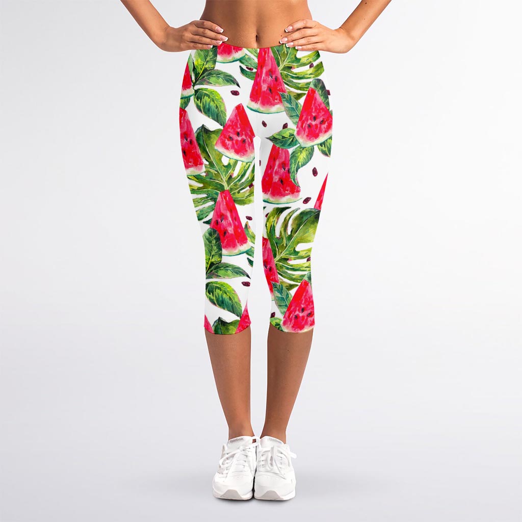 White Tropical Watermelon Pattern Print Women's Capri Leggings