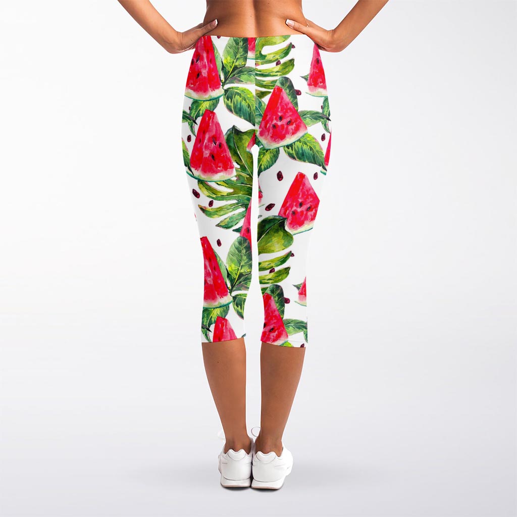 White Tropical Watermelon Pattern Print Women's Capri Leggings
