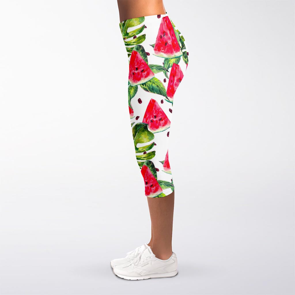 White Tropical Watermelon Pattern Print Women's Capri Leggings