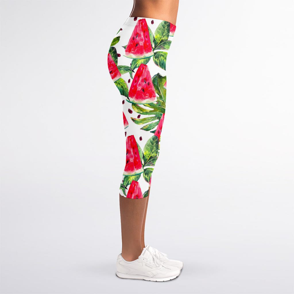 White Tropical Watermelon Pattern Print Women's Capri Leggings