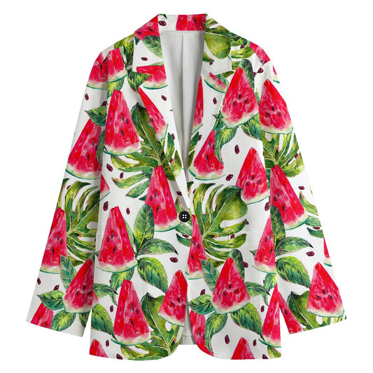 White Tropical Watermelon Pattern Print Women's Cotton Blazer