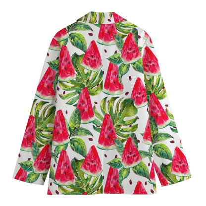 White Tropical Watermelon Pattern Print Women's Cotton Blazer