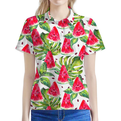 White Tropical Watermelon Pattern Print Women's Polo Shirt