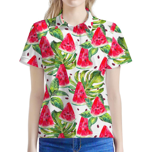 White Tropical Watermelon Pattern Print Women's Polo Shirt
