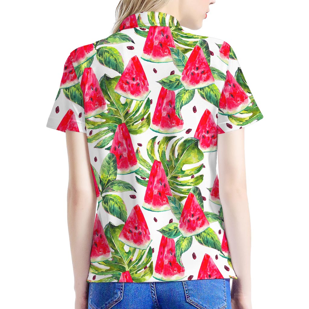 White Tropical Watermelon Pattern Print Women's Polo Shirt