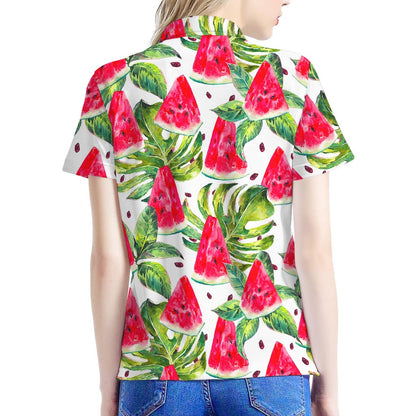 White Tropical Watermelon Pattern Print Women's Polo Shirt
