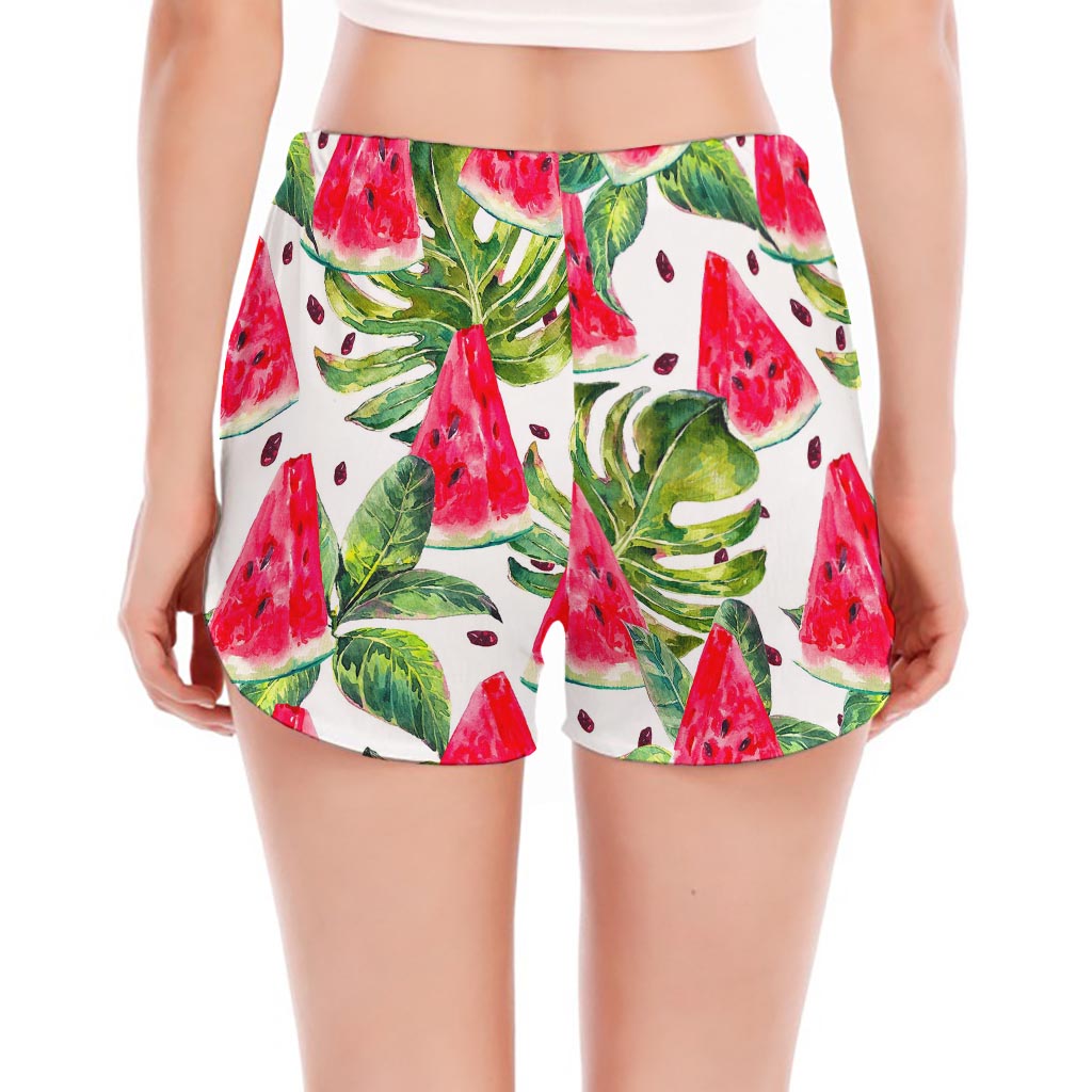 White Tropical Watermelon Pattern Print Women's Split Running Shorts