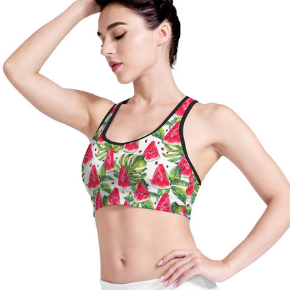 White Tropical Watermelon Pattern Print Women's Sports Bra