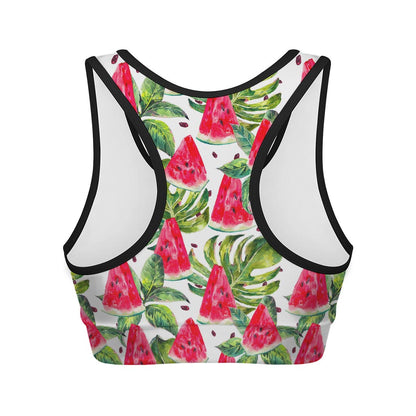 White Tropical Watermelon Pattern Print Women's Sports Bra