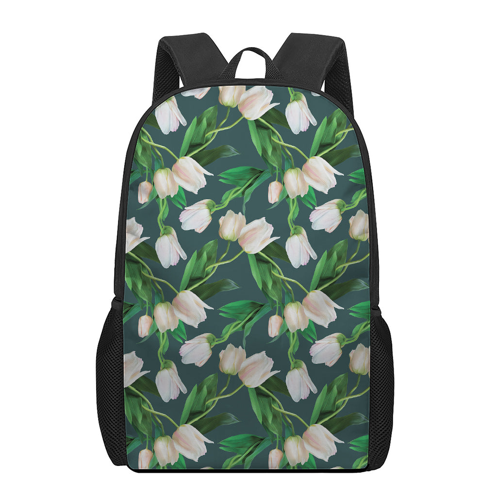 White Tulip Pattern Print 17 Inch Backpack
