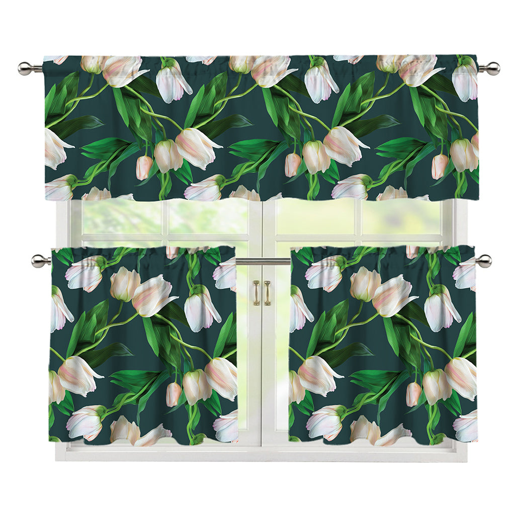 White Tulip Pattern Print 3 Piece Kitchen Curtains