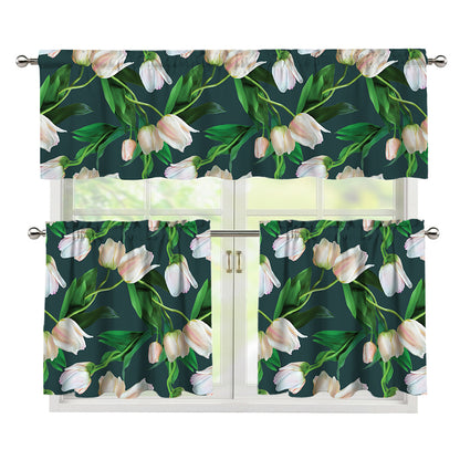 White Tulip Pattern Print 3 Piece Kitchen Curtains