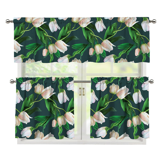 White Tulip Pattern Print 3 Piece Kitchen Curtains
