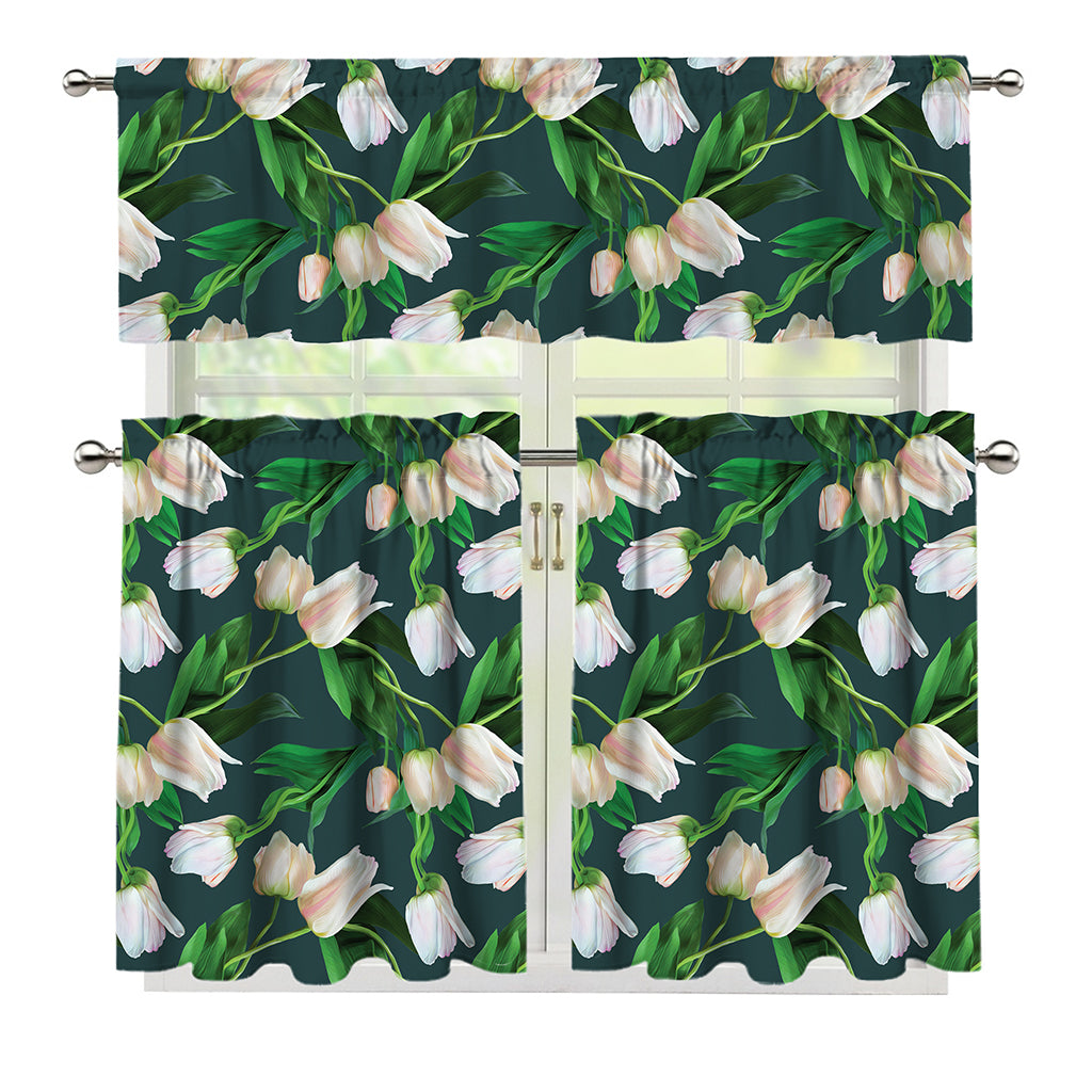 White Tulip Pattern Print 3 Piece Kitchen Curtains