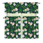 White Tulip Pattern Print 3 Piece Kitchen Curtains
