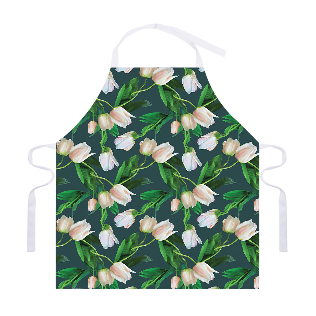 White Tulip Pattern Print Adjustable Apron