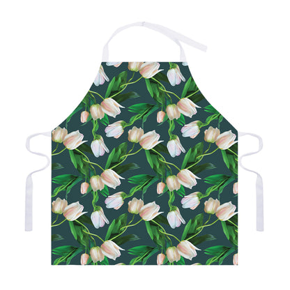 White Tulip Pattern Print Adjustable Apron