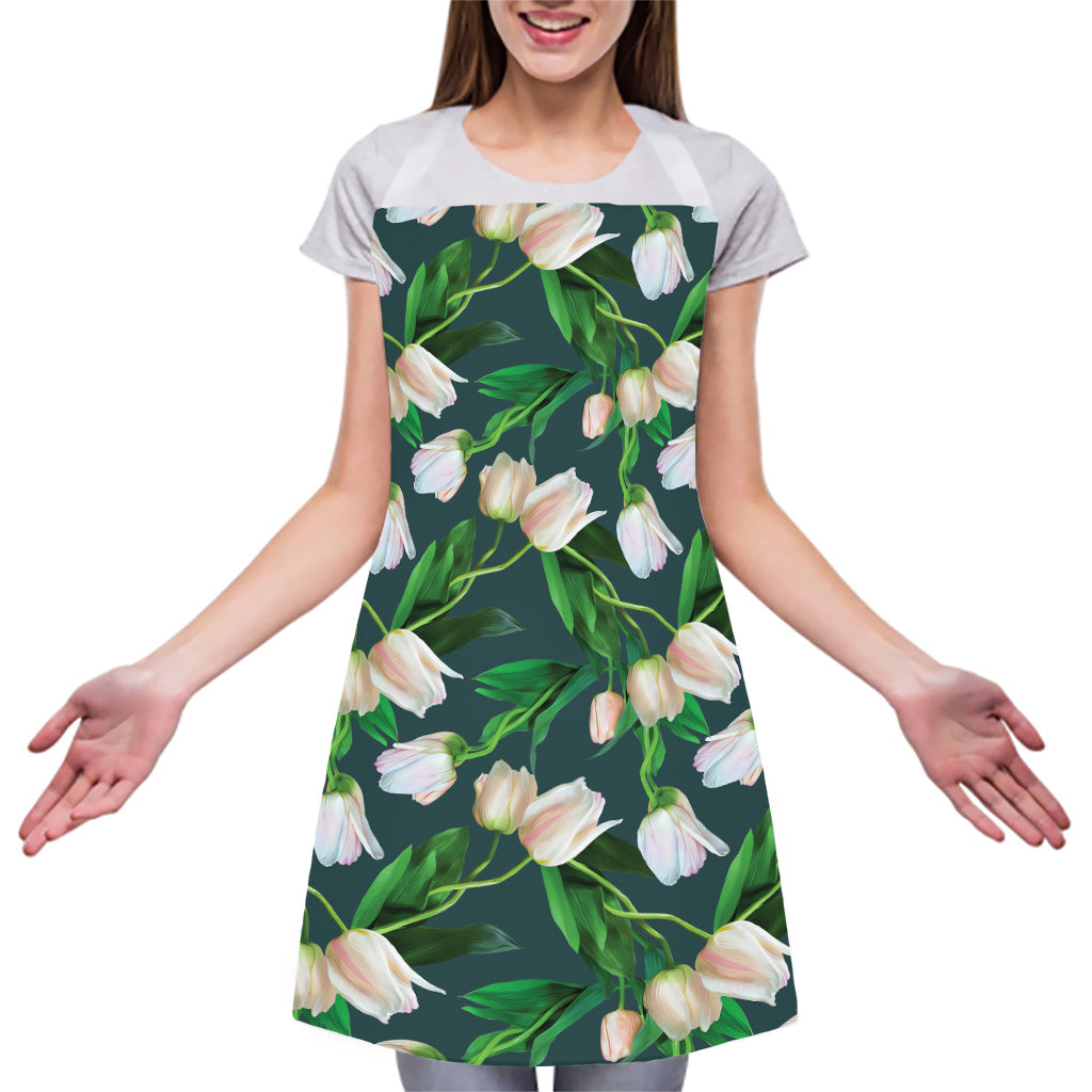 White Tulip Pattern Print Adjustable Apron