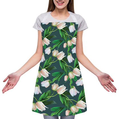 White Tulip Pattern Print Adjustable Apron