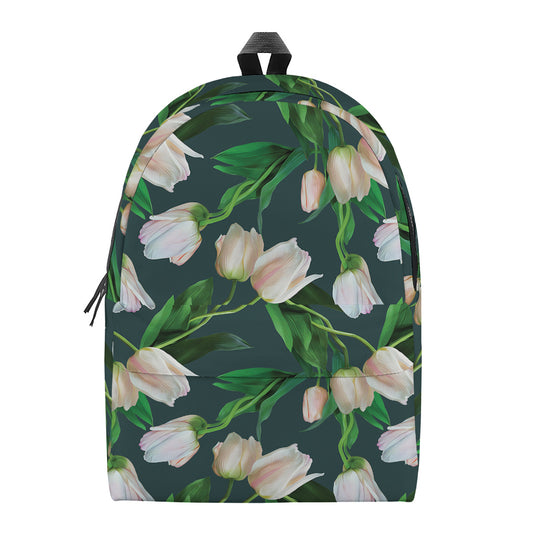 White Tulip Pattern Print Backpack