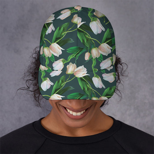 White Tulip Pattern Print Baseball Cap