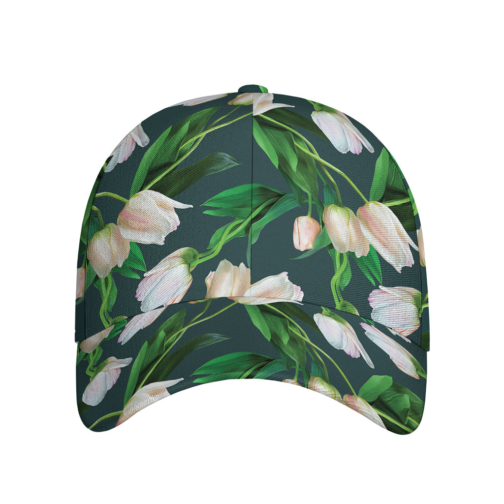 White Tulip Pattern Print Baseball Cap