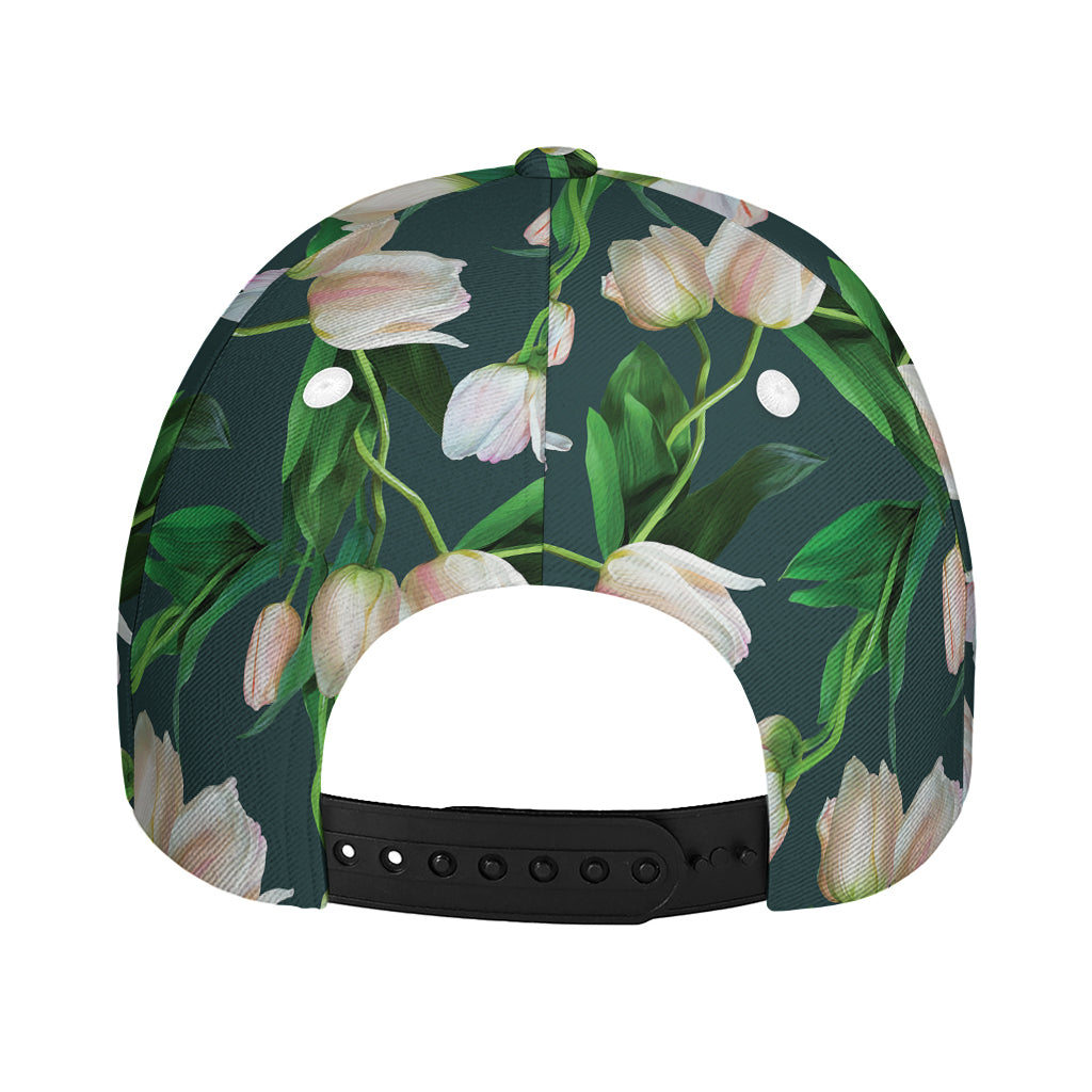 White Tulip Pattern Print Baseball Cap