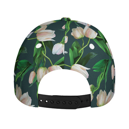 White Tulip Pattern Print Baseball Cap