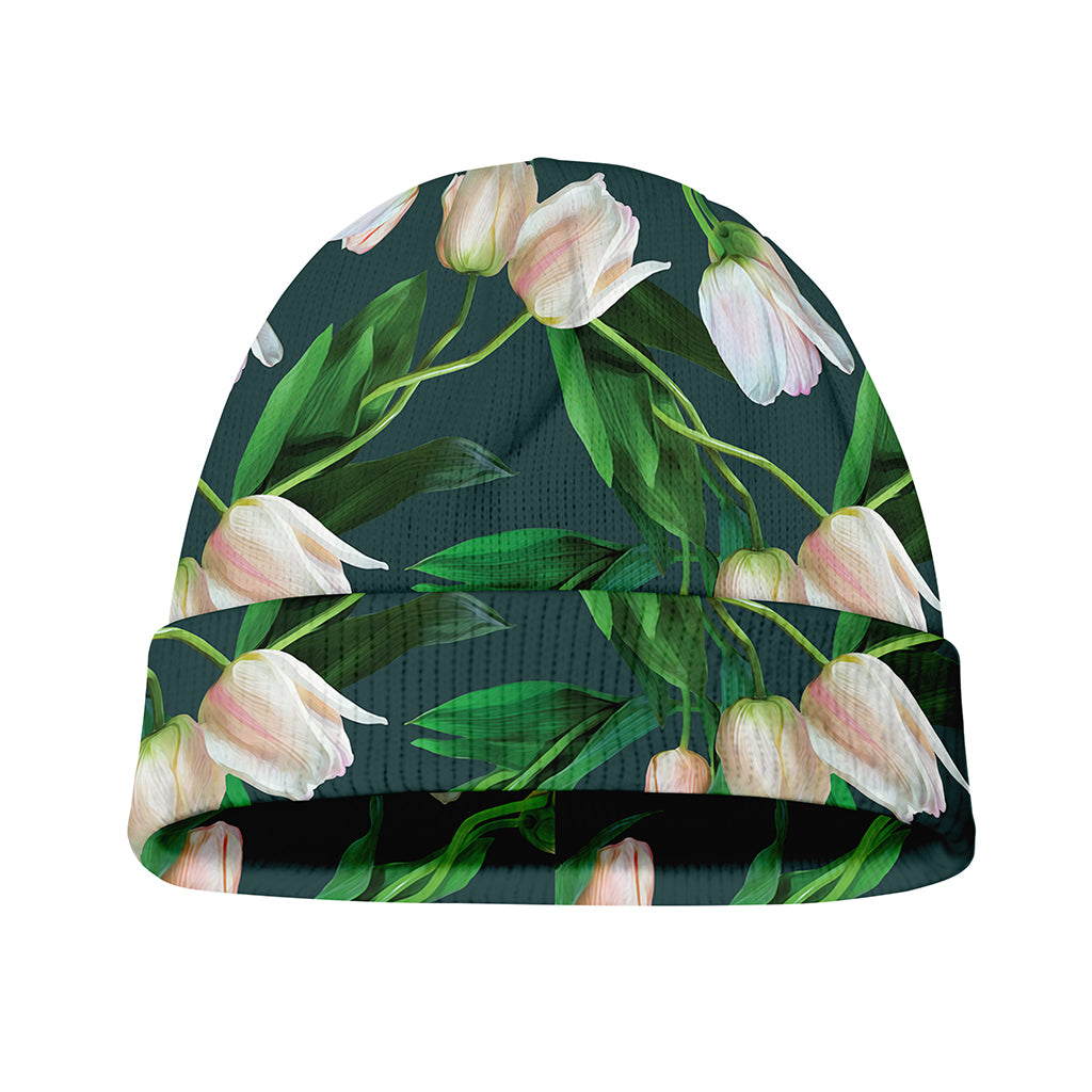 White Tulip Pattern Print Beanie