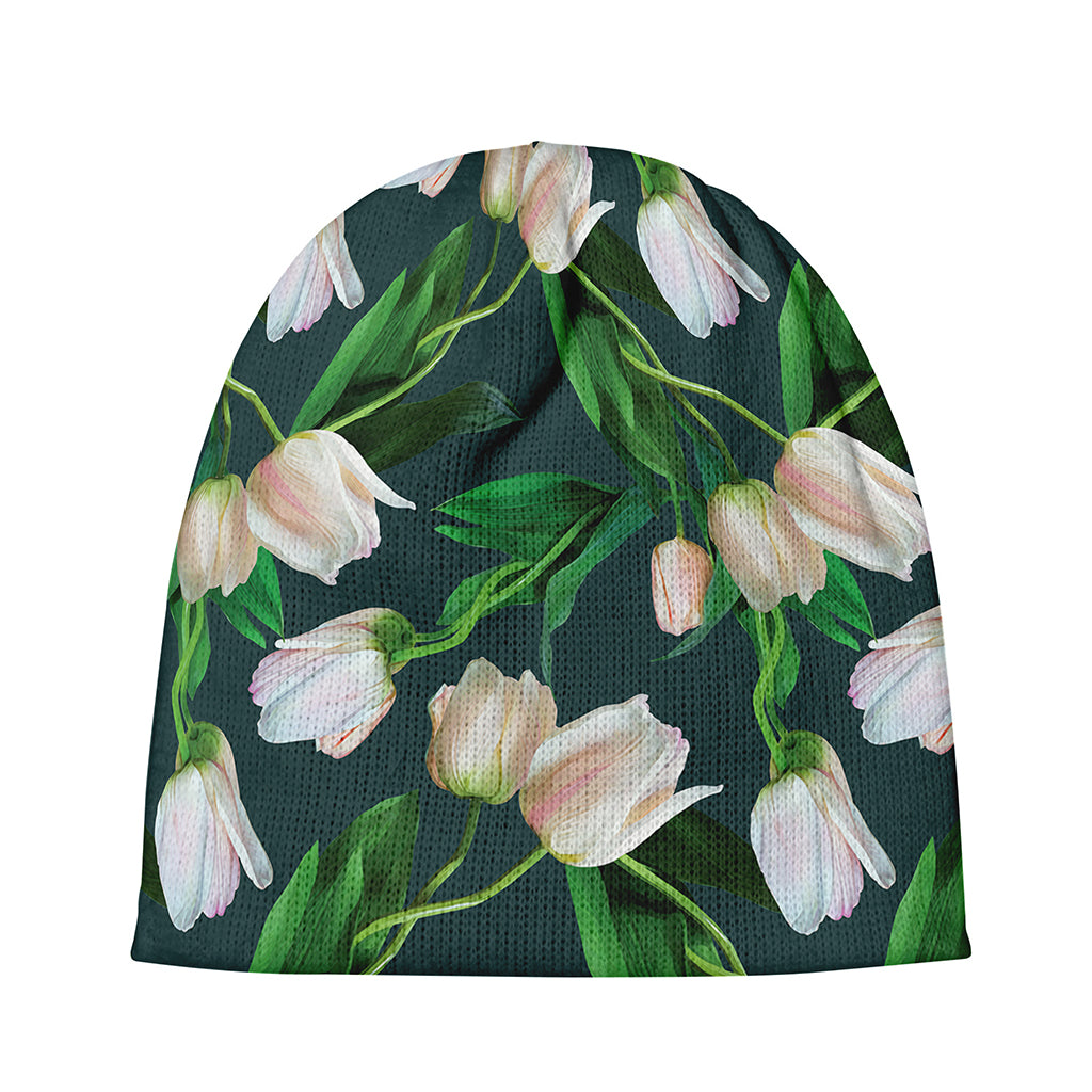White Tulip Pattern Print Beanie