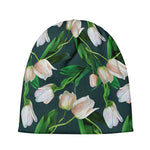 White Tulip Pattern Print Beanie