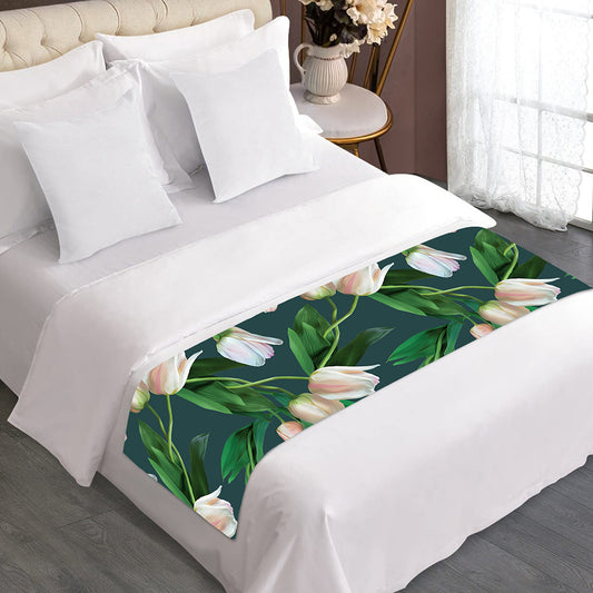 White Tulip Pattern Print Bed Runner