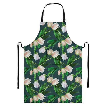 White Tulip Pattern Print Bib Apron With Pocket