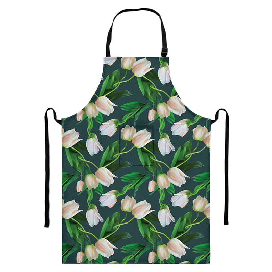 White Tulip Pattern Print Bib Apron With Pocket