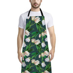 White Tulip Pattern Print Bib Apron With Pocket