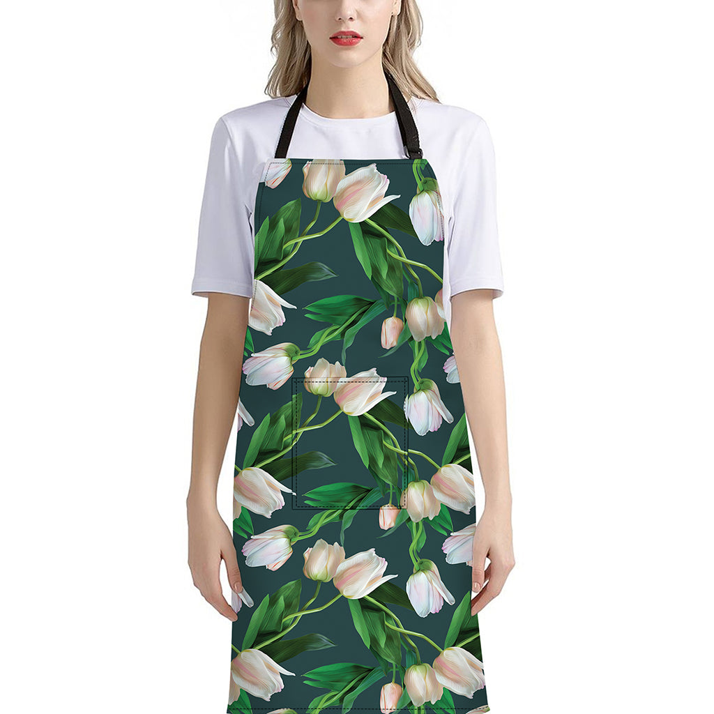 White Tulip Pattern Print Bib Apron With Pocket