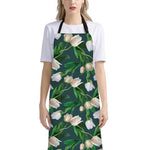 White Tulip Pattern Print Bib Apron With Pocket